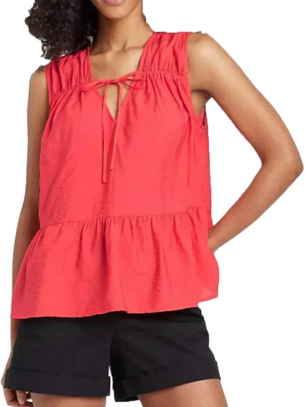 A New Day V-Neck Tiered Babydoll Sleeveless Top M Coral NWT